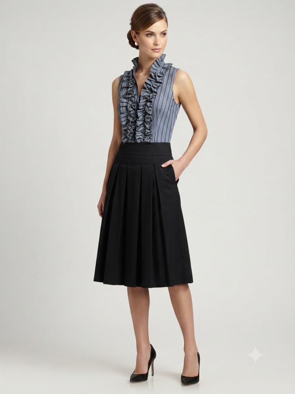 BCBGMaxAzria Striped Ruffle Front Sleeveless Dress With Pleated Skirt Size 4